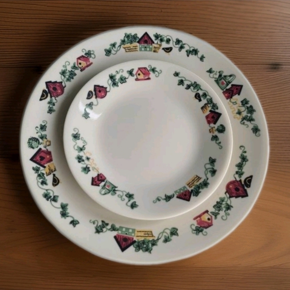 Corelle Garden Home Plates – 3 Dinner + 4 Bread & Butter, Cottagecore Birdhouse